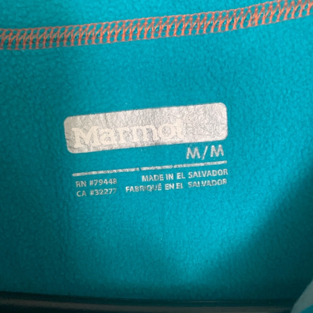 Marmot Teal Fleece with Orange Stitching Size M Vertical Zipped Pocket - Picture 9 of 12